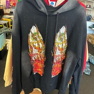 Men’s Rare Who Decides War Hoodie Glitter Effect Hoodie Flames Used SZ SM